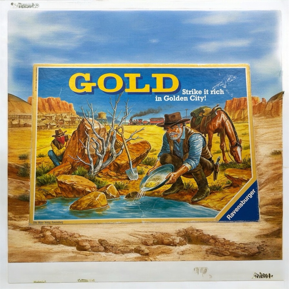 Gold Game board Ravensburger 1989 vintage train bandits gold nuggets dice wooden